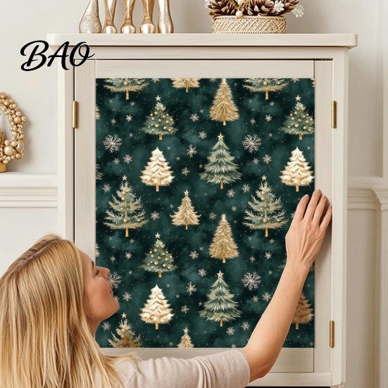 Decorative Contact Paper for Cabinets Christmas Tree Wall Sticker, 150/300cm Gold Green Peel And Stick Wallpaper, Moisture Proof Bathroom Wallpaper