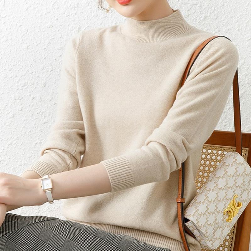 

Элегантный свитер с полувысоким воротником, однотонный, женский, облегающий, вязаный свитер с длинными рукавами, осенняя мода, повседневные женские топы One Size абрикосовый