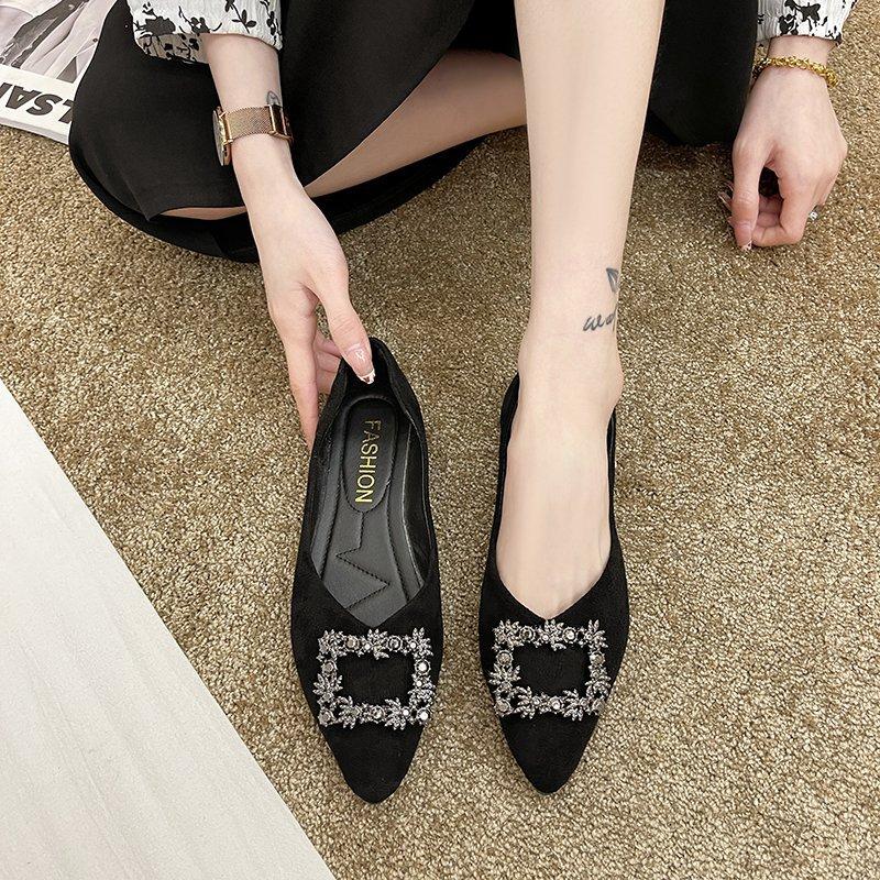 2025 New Korean Version of Foreign Trade Pointed Foot Cover Flat Bottom Fashion Casual Large Size Women's Shallow Mouth Rhinestone Buckle Women'