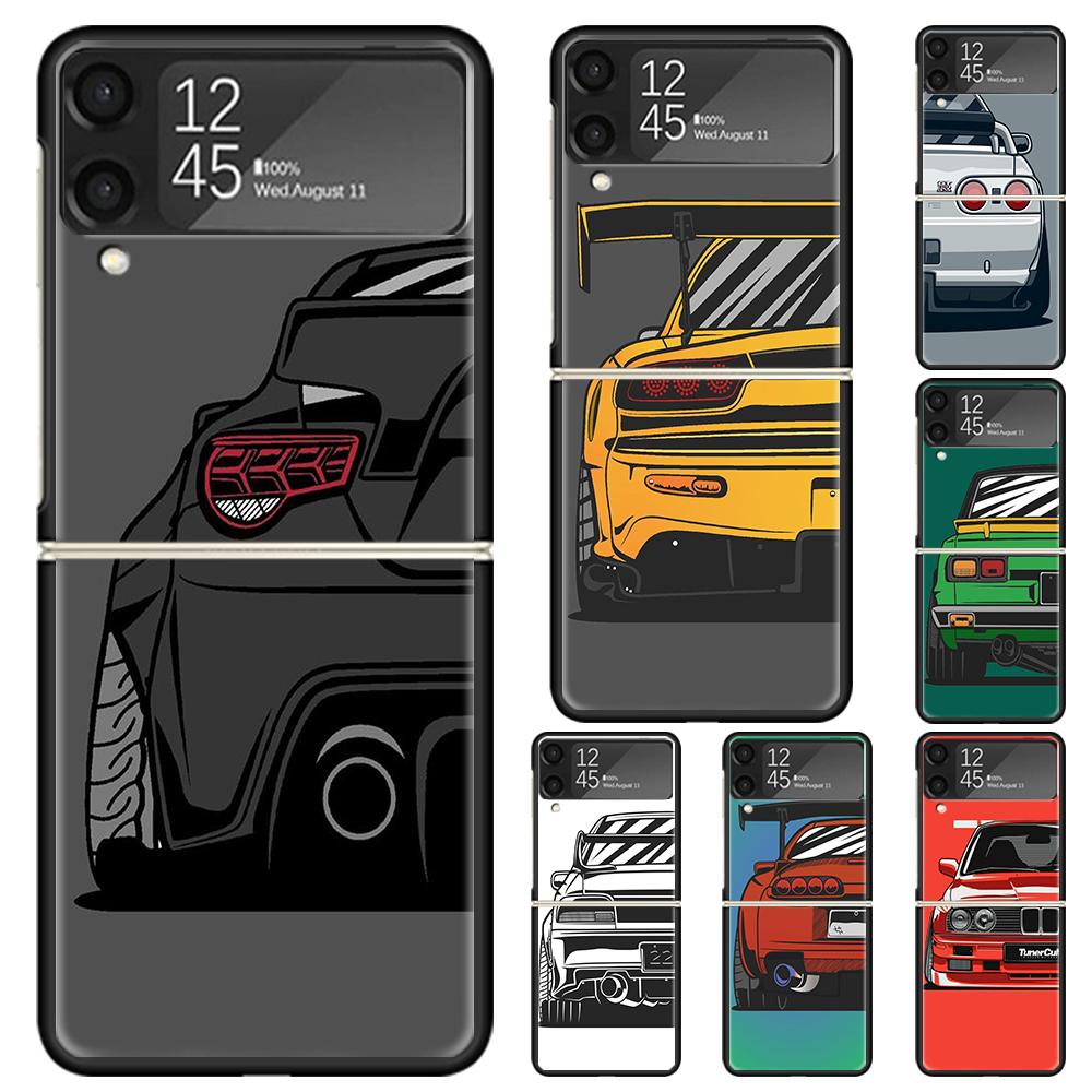 Japan JDM Sports Cars Comic Hard PC Phone Case For Samsung Galaxy Z Flip 7 6 5 4 3 Black ZFlip7 ZFlip6 Flip5 Flip4 Flip3 5G Prin