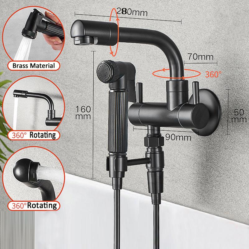 Baterie Neagră Monocomandă pentru Apă Rece Cupru Montată pe Perete Rotativă 360 Baterii Lavabo Baie Robinet Piscină Mop Balcon Exterior Argintiu Robinet Invizibil