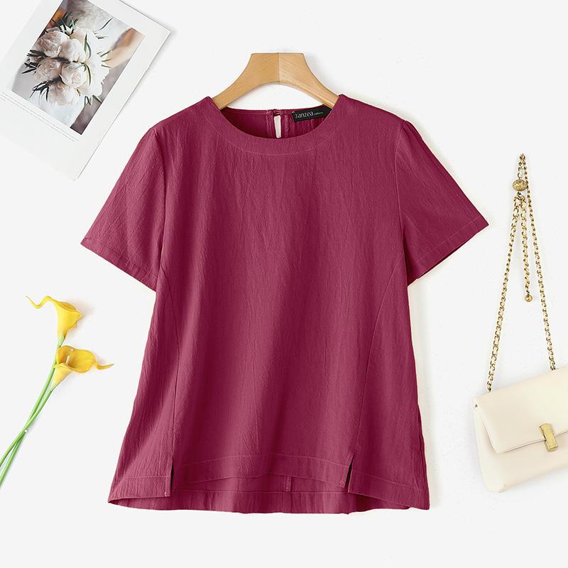 ZANZEA Women Casual Round Neck Solid Color Summer Short Sleeve T-Shirts