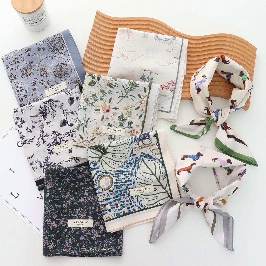 Pure Cotton Hand Towel Floral Bag Korean Style Retro Small Square Scarf Headscarf Women's Summer Good Match Scarf Outer Wear
