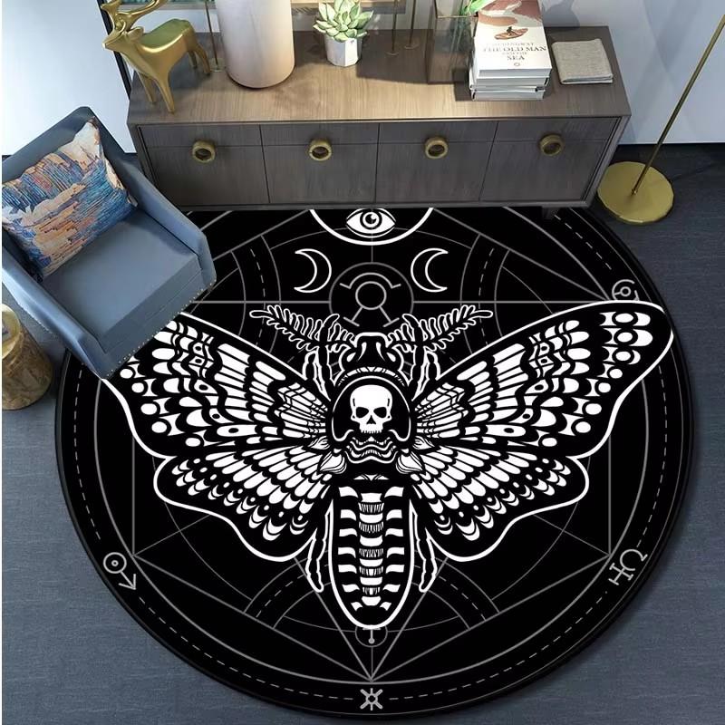 Death Moth Round Carpet Gothic Skull Round Floor Mat Butterfly Moon Living Room Carpets Bathroom Kitchen Area Rug Doormat Decor