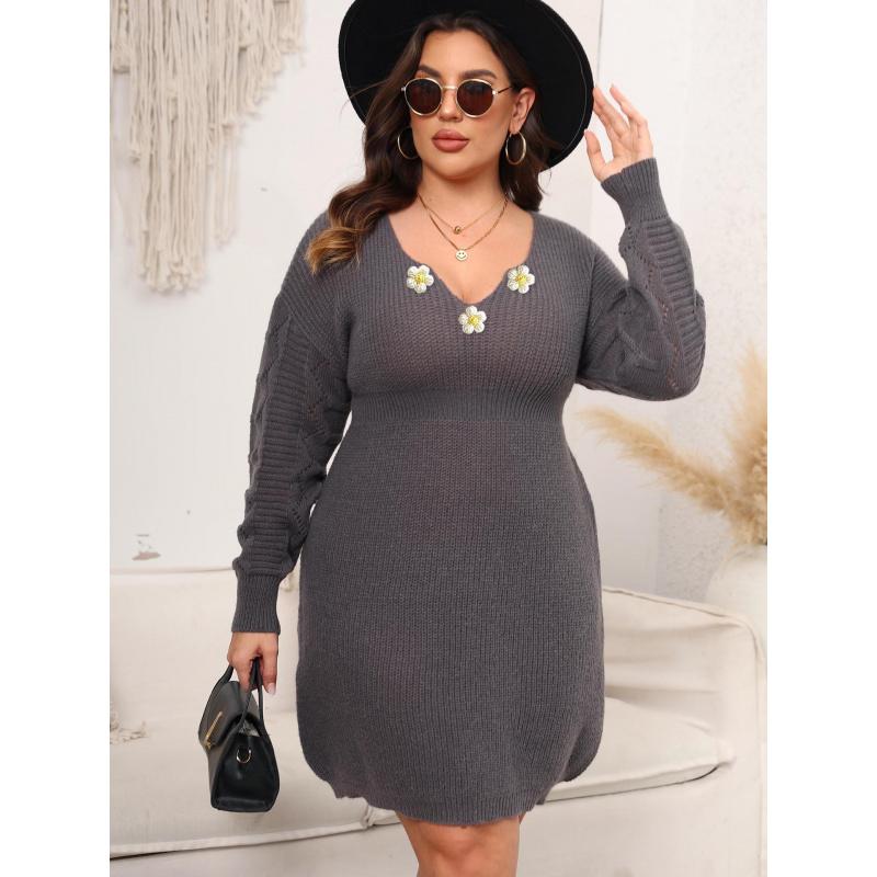 Dámské oblečení plus size Podzim Zima Nové Pletené svetrové šaty s výstřihem do V Ručně háčkované květinové patchworkové pasové šaty