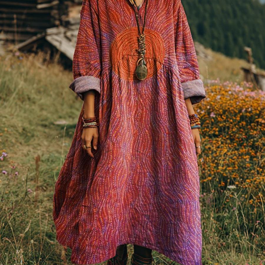 Retro Böhmisches V-Ausschnitt Ethnisches Stil Kleid - Europäischer & Amerikanischer Lässiger Lockerer Schnitt