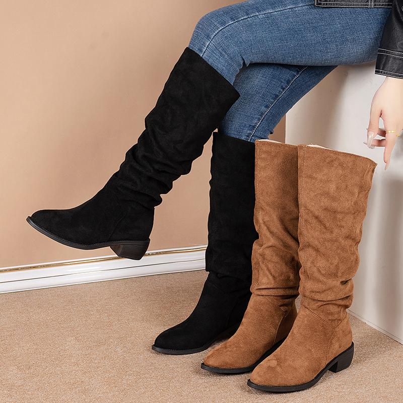 New Style Solid Color Comfortable Knee-high Boots Round Head Square Heels Increase Large Size Winter High Boots