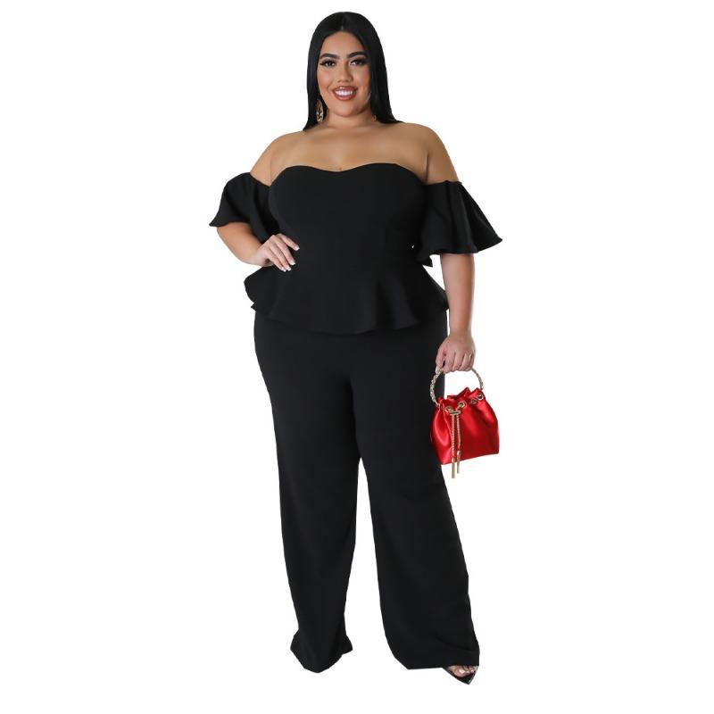 Womens Plus Size Black Off Shoulder Ruffle Peplum Wide Leg Jumpsuit L