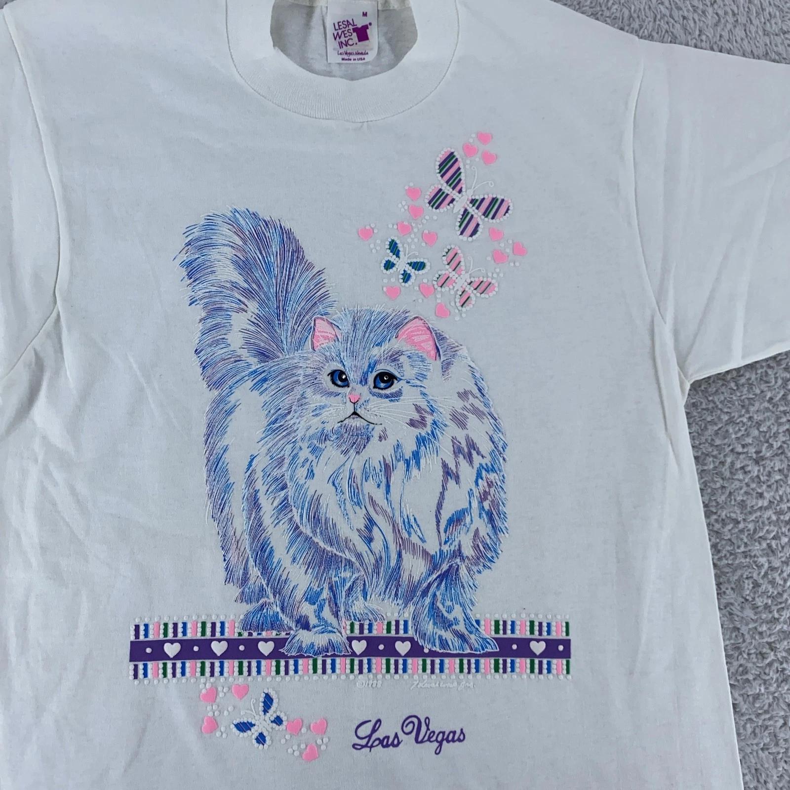 Vintage Las Vegas Cat Butterfly Shirt XS/S Graphic Cartoon Nature 90s L