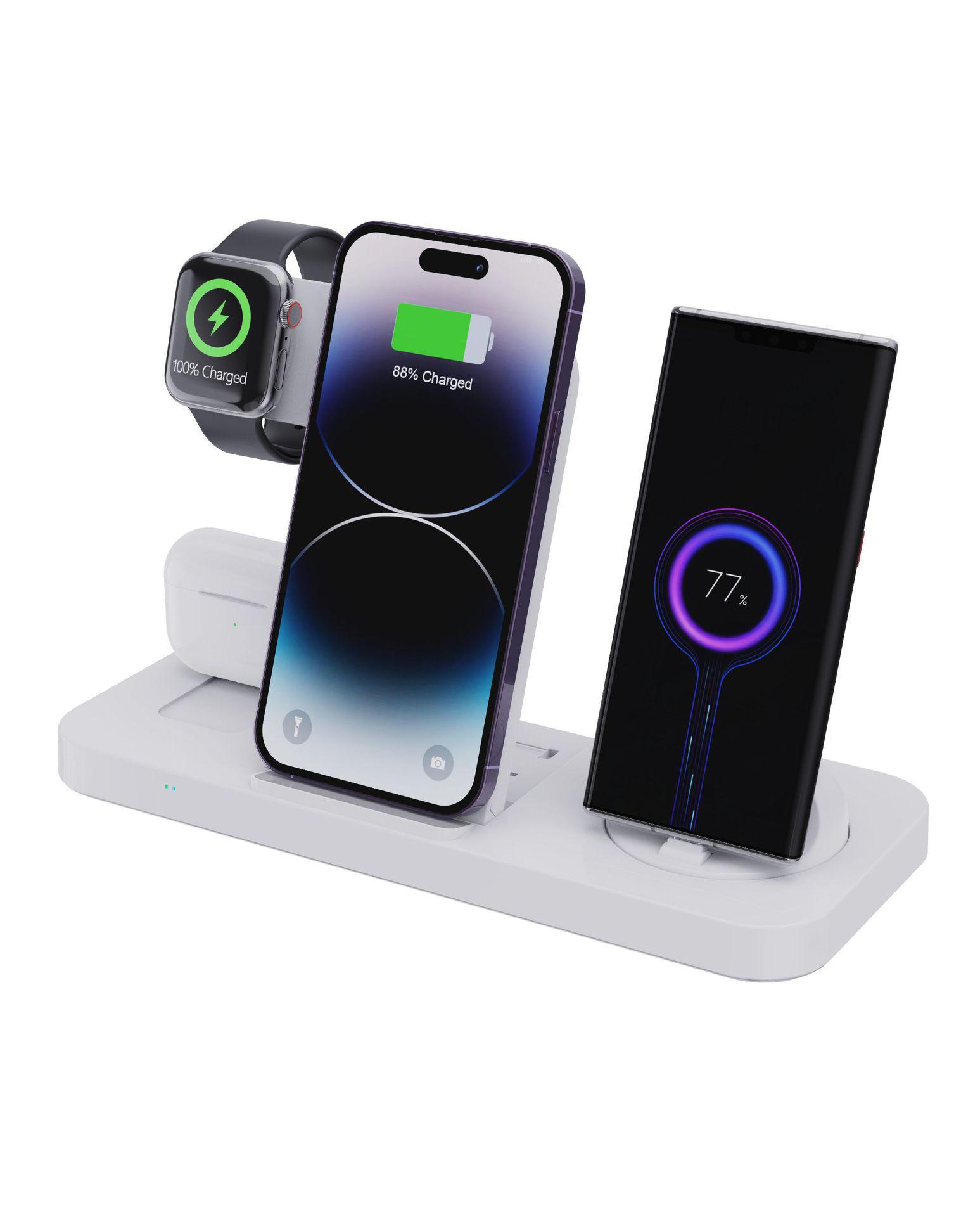 

Складное беспроводное быстрое зарядное устройство 6-в-1 для устройств Apple: Телефоны, часы, наушники, вертикальная зарядка B21A Headphone Plug белый