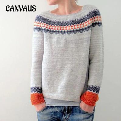 Damen-Pullover mit Rundhalsausschnitt, Farbblockierung, lockerer modischer Pullover, Strickpullover