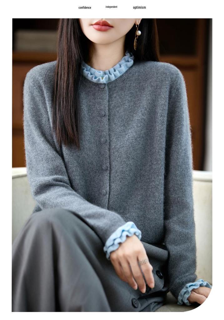2025 Elegant Ruffle Lace Wool Sweater - Chic Loose Knit Pullover for Women