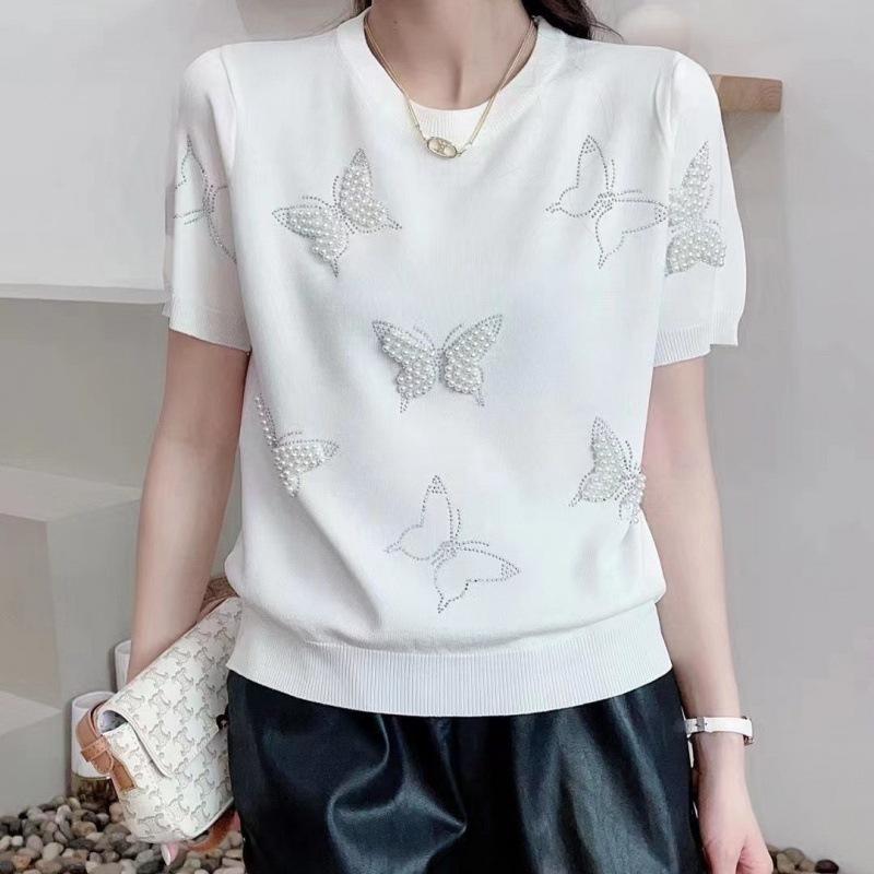 

Summer Women s O-Neck Puff Short Sleeve T-Shirts Sweet Pearl Embroidery Female Knitted Tops Korean Butterfly Beading Tees XS белый