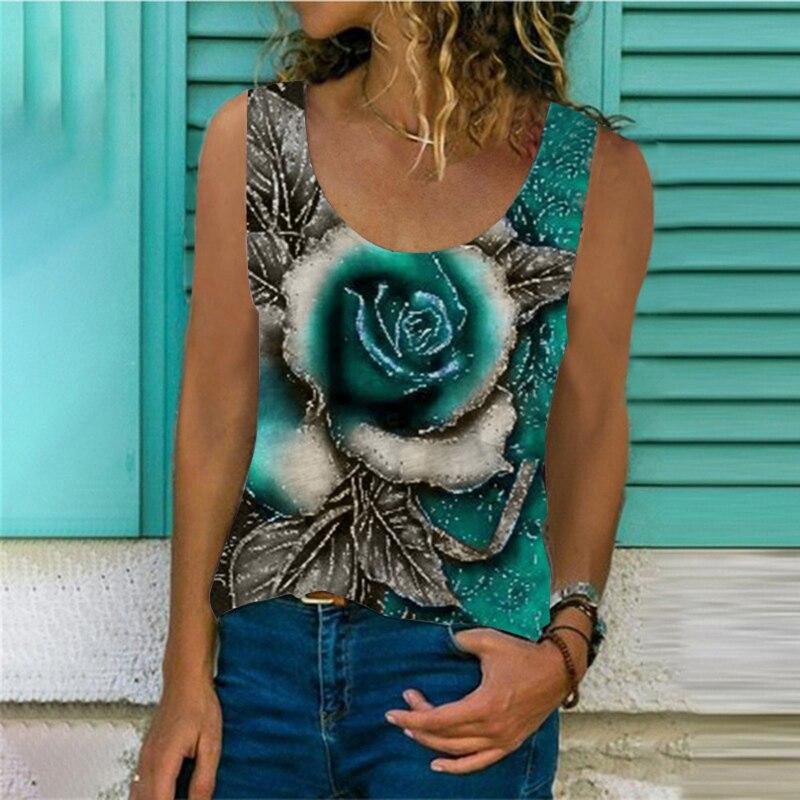 Fashion Woman Sleeveless Round Neck Rose Print Blouse Summer Casual T-shirt Loose Vest Shirts Elegant And Youth Top 25440