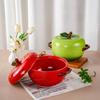 Green Apple Ceramic Binaural Soup Bowl with Cover Household Creative Student Dormitory Instant Noodles Pasta Bowl Tableware