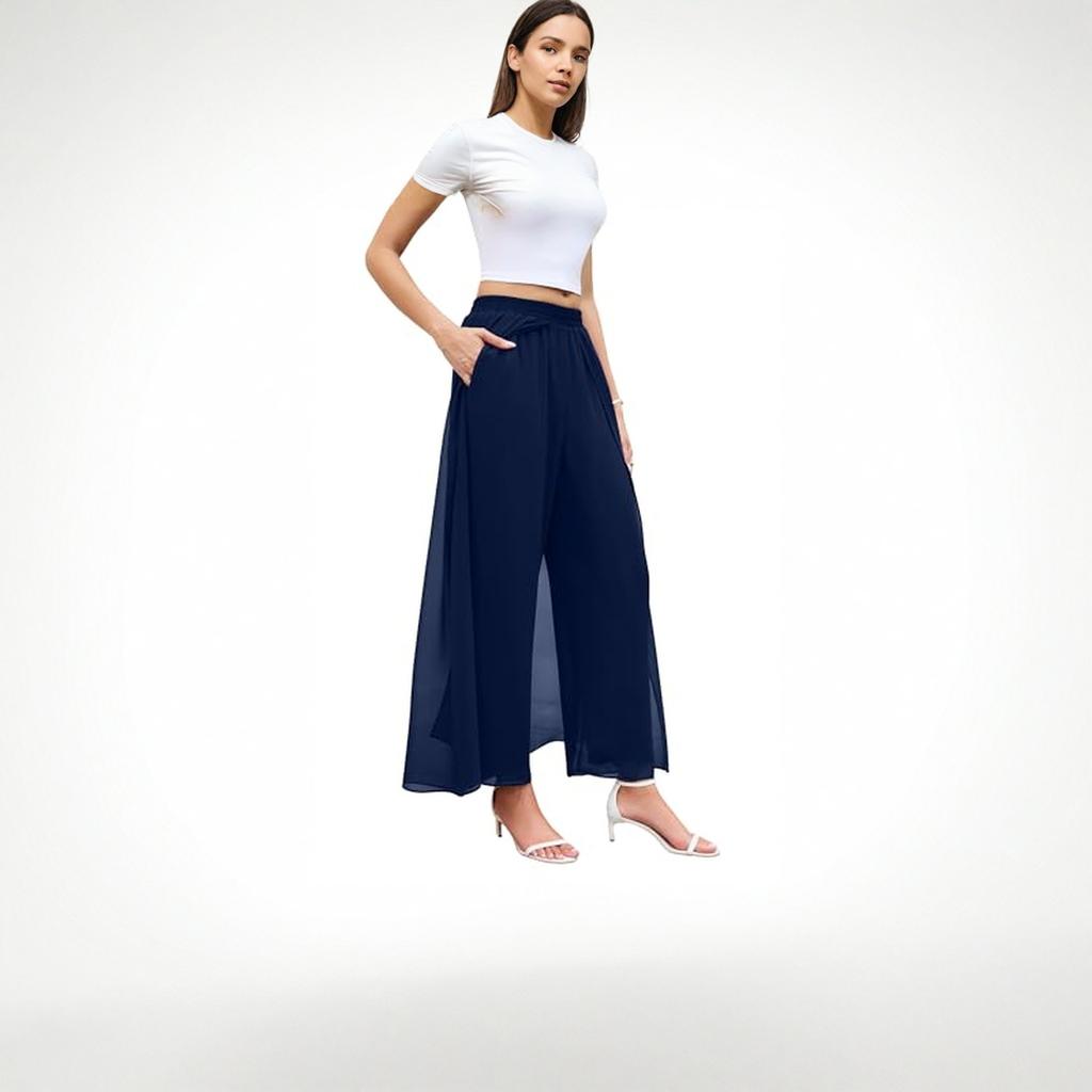 Women's Wide Leg Dress Pant Elegant Party Elastic Waist Trouser With Pockets