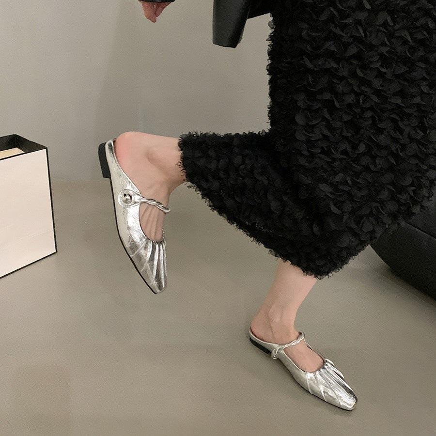 Flat-bottomed French Bag Head, Half Slippers, Fairy Shoes, Outer Wear 2025 New Summer Niche Silver Mary Jane Sandals