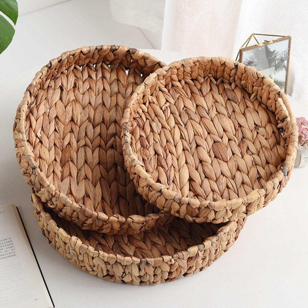 Natural Water Hyacinth Storage Baskets Round Basket Tray Fruit Tray Grass Weaving Storage Serving Trays With Handle