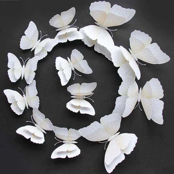 12 Peças Sete Cores Sólidas Camada Dupla Borboleta 3D Adesivo de Parede Para Casamento Decoração de Casa Borboletas Magnéticas Adesivos de Geladeira