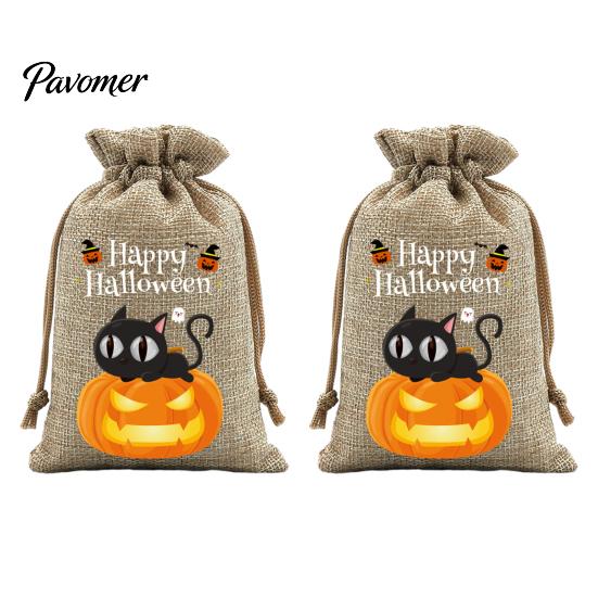 Trick or Treat Party Souvenirs 2Pcs Halloween Pumpkin Drawstring Bags for Candy Treats, Retro Burlap Rustic Linen Goodie Bags, Portable Kids