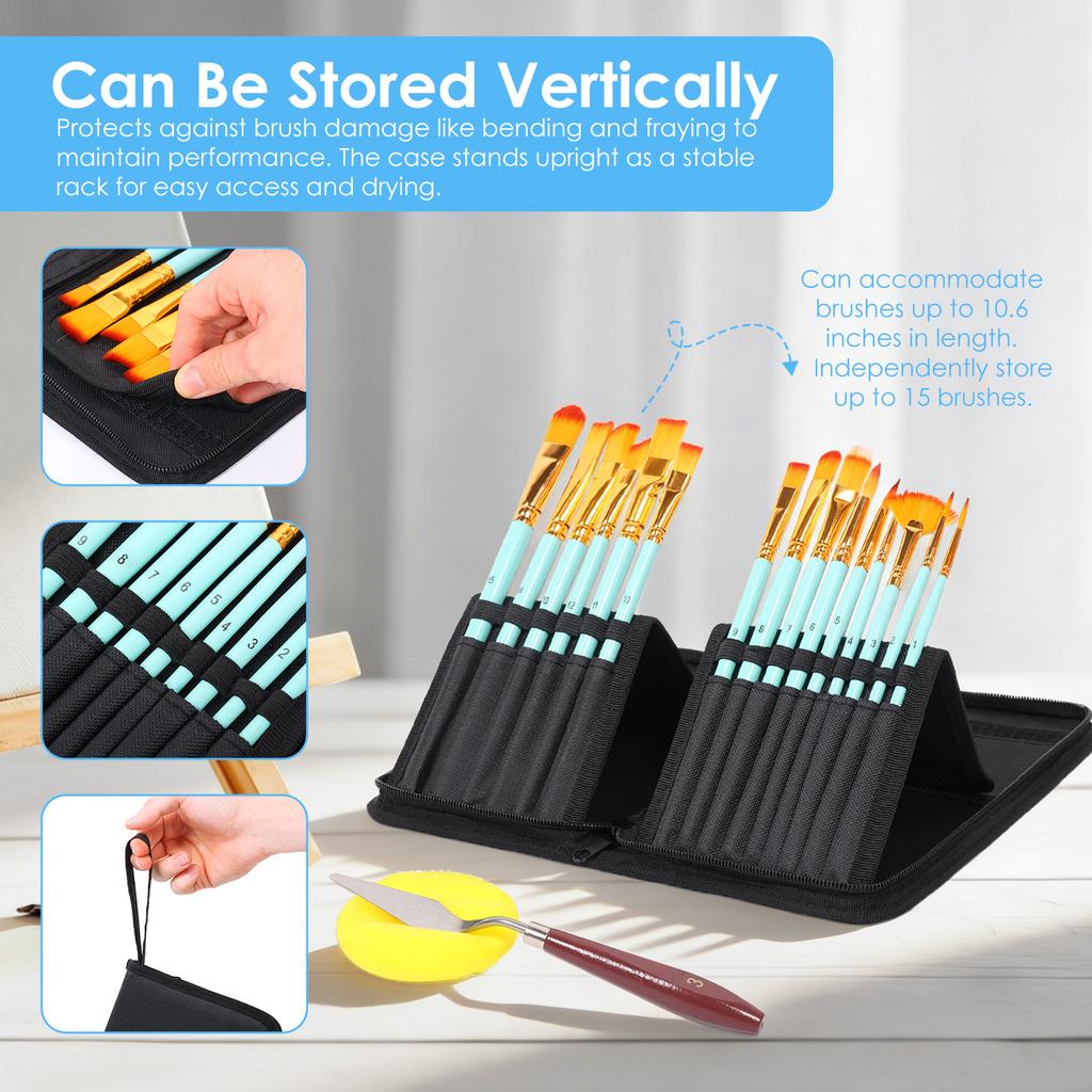15Pcs Paint Brush Set Protable Nylon Hair Acrylic Painting Brush Kit with Storage Standable Case Palette Sponge Palette Knife