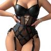 European-American Lace Patchwork Sexy Bodysuit: Underwire PU See-through Sleepwear