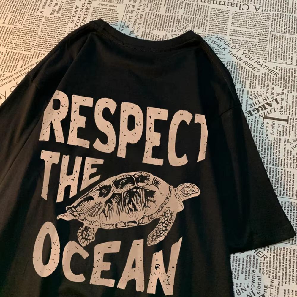 Respect The Ocean Green Turtle T Shirt Men Oversized Clothes Hip Hop Breathable Short Sleeve Harajuku Summer Cotton T-Shirt