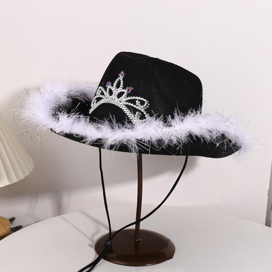 Cowgirl Hat Rhinestone Crown Decor Furry Ripped Edge Windproof Chin Rope Large Brim Sun Protection Retro Western Style