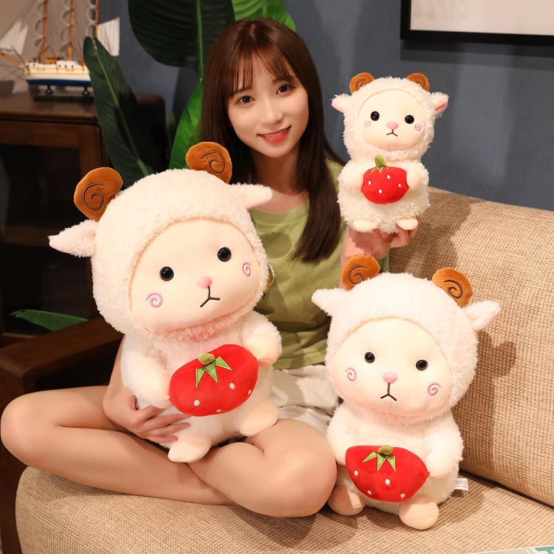 Nice 1pc 25cm-50cm Kawaii Sheep Plush Toys Cute Hairy Lamb with Strawberry Plushie Dolls Stuffed for Children Kids Decor Gifts
