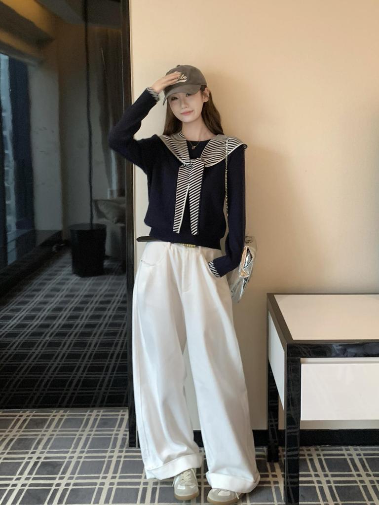 Autumn Korean Color-Block Striped Shawl & T-Shirt Women's College Style Top