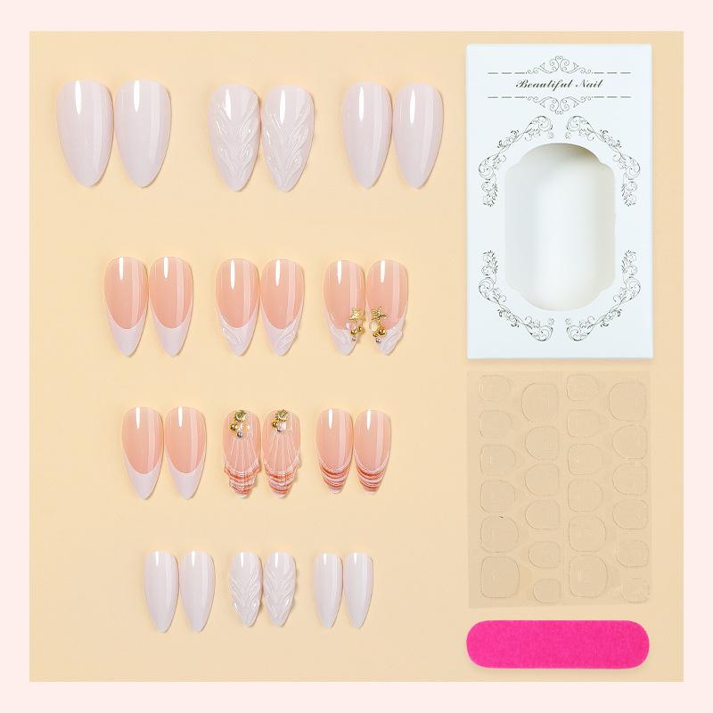 Nail art piece Wearable long 3D flower nude white French wearing nail Gentle white fake nail patch