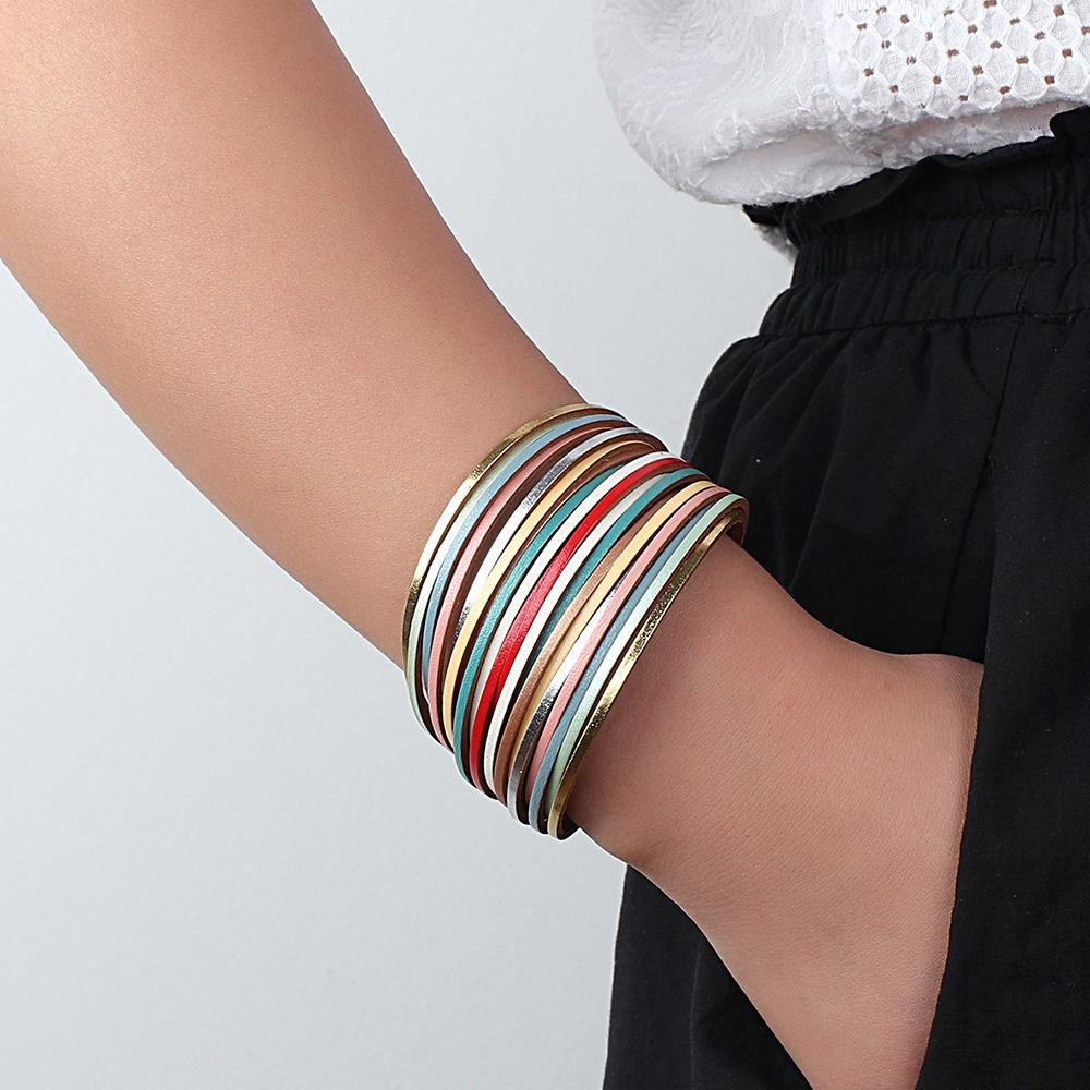 Bracelet Tendance Coloré en Cuir pour Femmes Hommes Boho Multicouche Bandes Fines Wrap Large Jonc Bracelets Bijoux de Fête Cadeaux