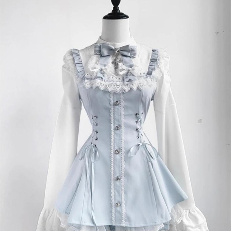 Japanese Y2 Aesthetics Vintage Bow Dress Shorts Set Women Gothic Lolita Style Long Sleeve Shirt Dress Elegant Party Dress Suits