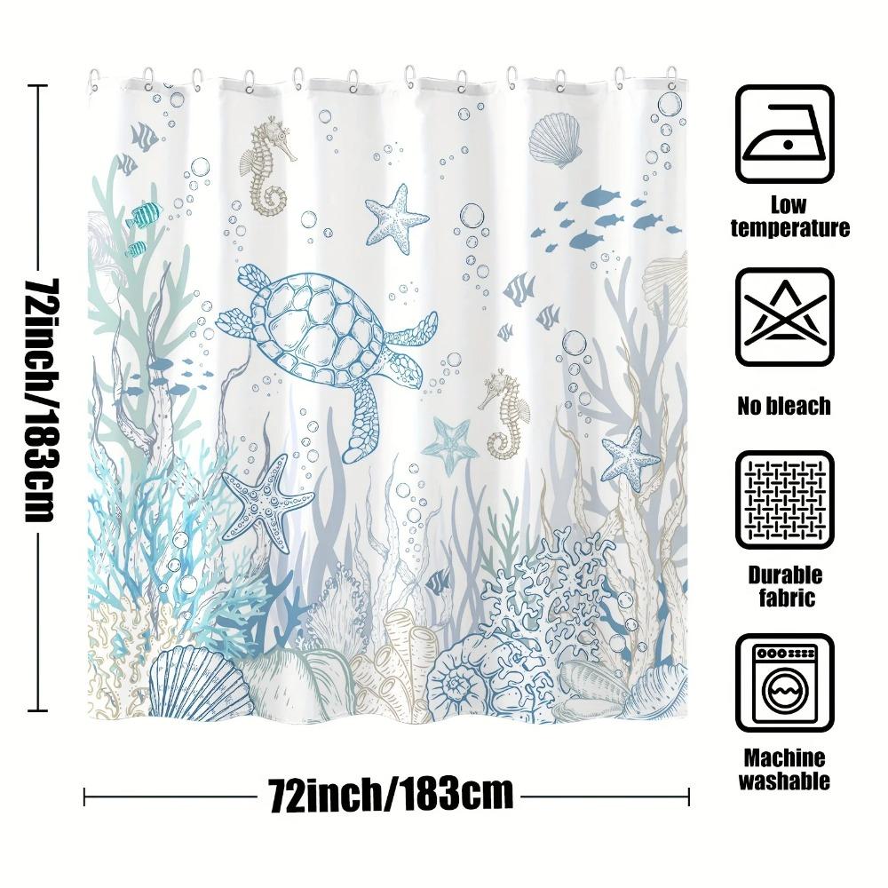 1pc Nautical Coastal Turtle Shower Curtain - Ocean Themed with Coral, Starfish & Seahorse, 12 Hooks, Bathroom Decor