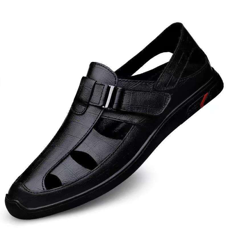 Sandals Men's 2025 Summer New Soft Leather Men's Casual Hollow Leather Shoes Non-slip Hole Men's Shoes Soft-soled Leather Sandals