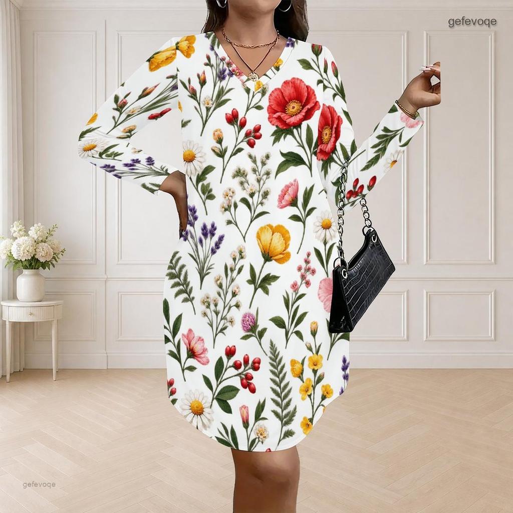 Women Plus Size V Neck Long Sleeve Floral Printed White Loose Curved Hem Dress