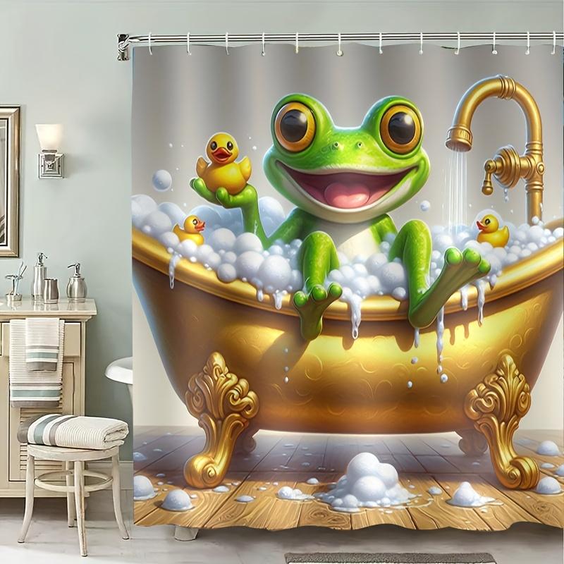 Funny Frog Shower Curtain Bathtub with Rubber Ducks Bath Time Art Kids Decor Waterproof Fabric Bathroom Curtain Set Home