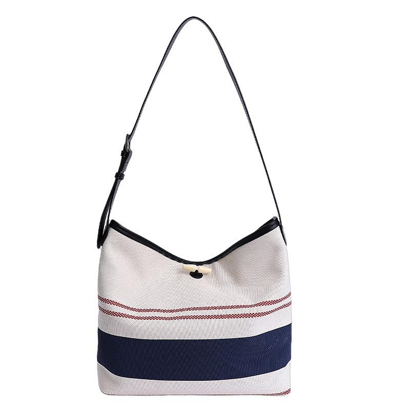 Striped Canvas Bag Women's Large-capacity New Summer Versatile Shoulder Messenger Bag College Student Tote Bag