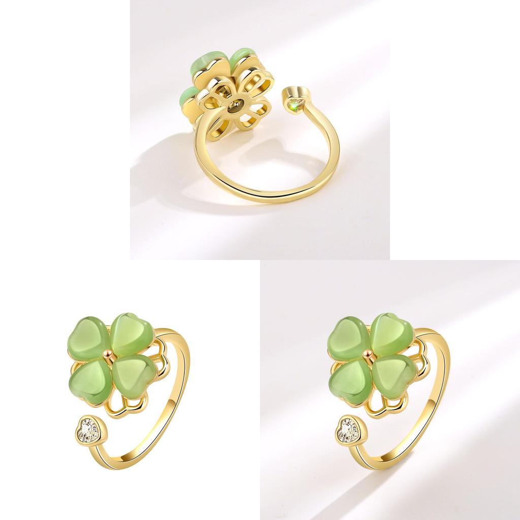 Green Cat Eye Clover Adjustable Ring With Geometric Design For Womens Fashion Accessories