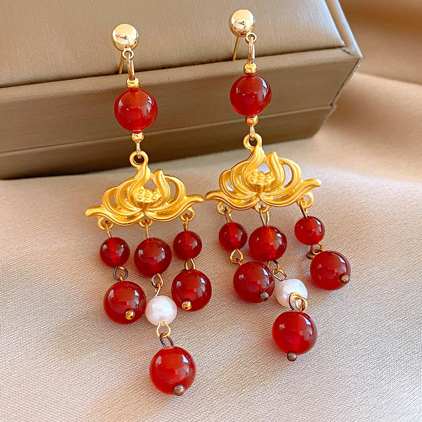 Silver needle new Chinese red flower agate fringed pearl earrings stud earrings retro personalized earrings