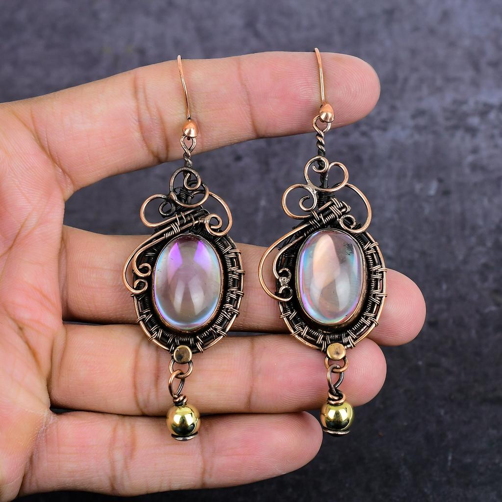 Mystic Pink Topaz Handmade Copper Wire Wrap Jewelry Earring 3.35" a8a50