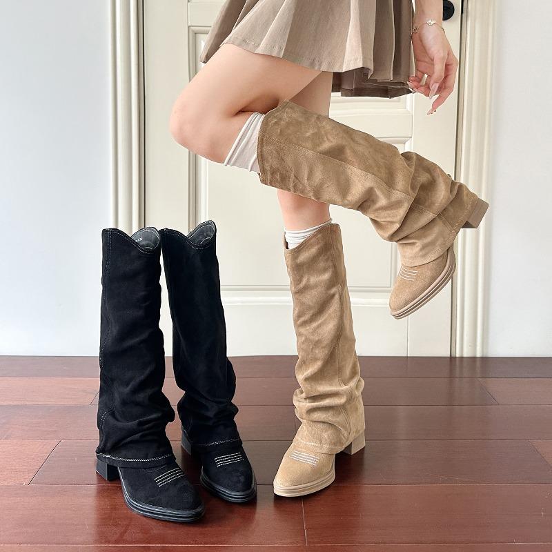 Autumn and Winter New Long Boots Women's Thick Heel Knight Boots Long Trouser Tube Boots Pointed Pile Boots But Knee High Boots