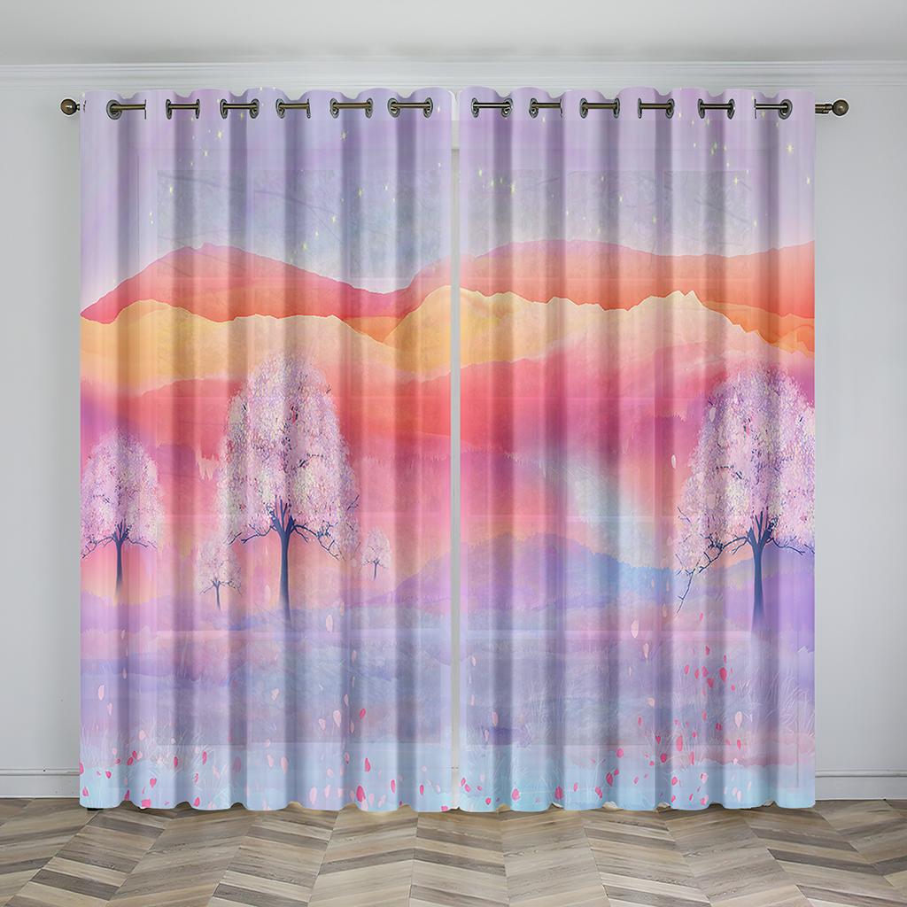 Cherry Blossom Design Curtain Flowers Trees Landscape Sunshade Curtain Living Room Bedroom Home Decoration Thin Curtain 2 Pieces