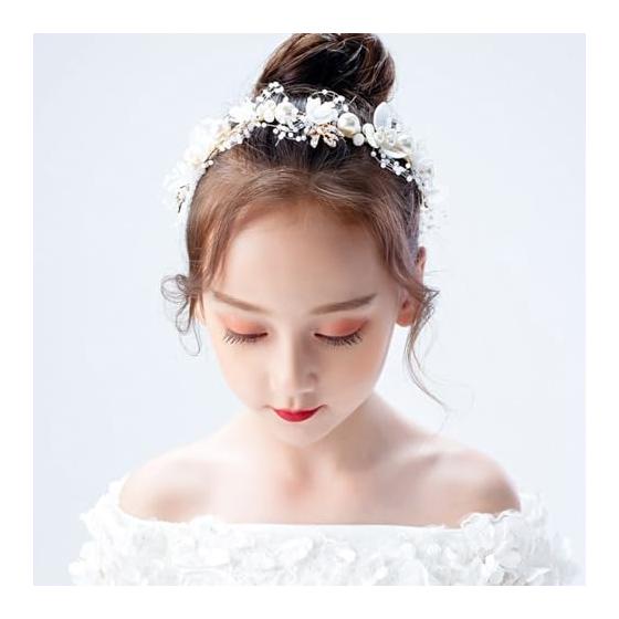 YFFSFDC Flower Hairband with Pearls and Ribbons, Bridal Wedding Hair Accessories for Ceremonies, Photoshoots, Girls - Adjustable, Flexible,