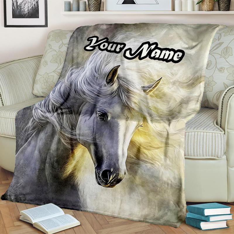 1PC Custom Name Ethereal Horse Portrait Flannel Blankets Patterns Throw Blanket All-Season Soft Gift for Couch, Bed, Camping Gifts
