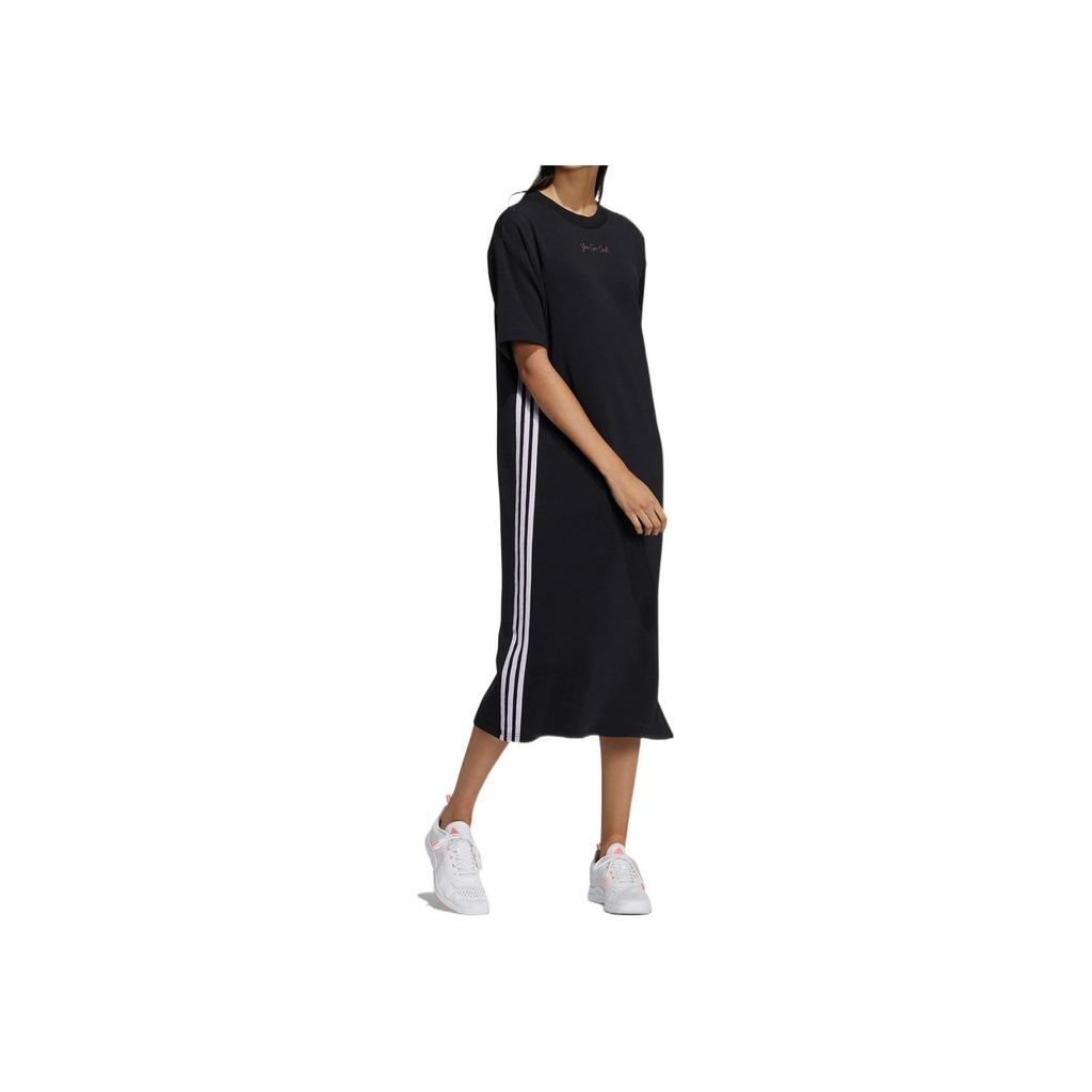 adidas Neo Logo Print Atmungsaktiver Drei Streifen Sport Pullover Rundhalsausschnitt Kurzarm Kleid Damen Kleid Schwarz H45104