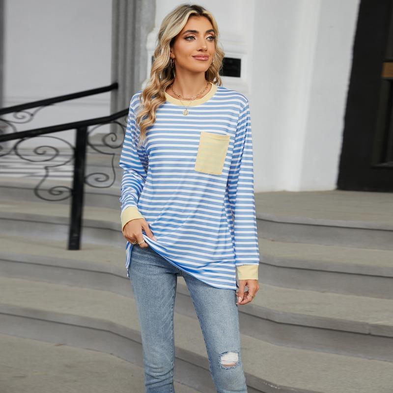 Autumn and Winter Round Neck Contrasting Loose Top Long Sleeved T-shirt