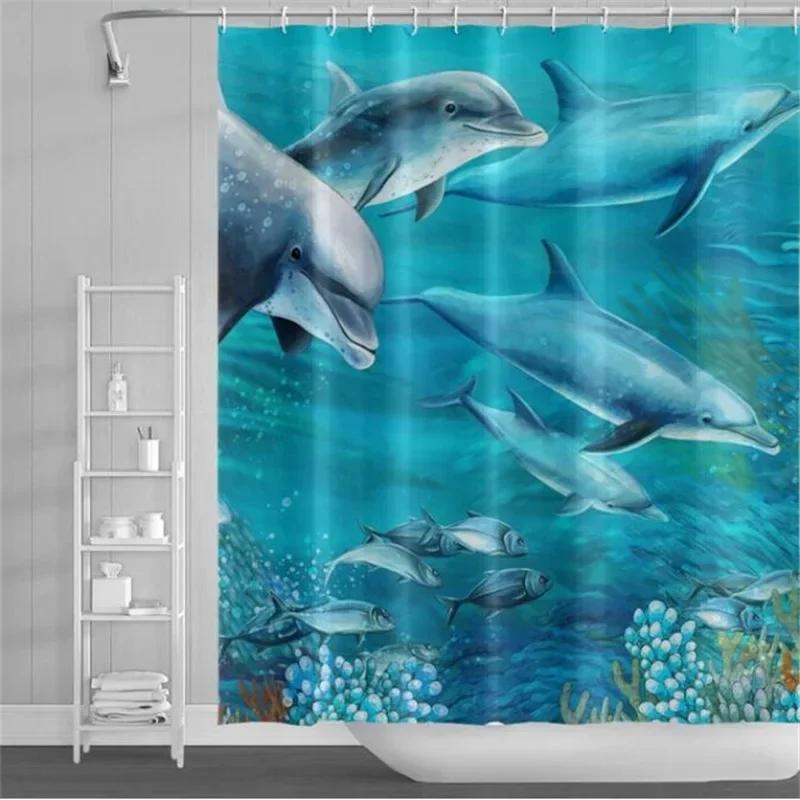 Underwater World Bathroom Shower Curtain Sea Turtle Dolphin Ocean Creature Landscape Bath Curtains Children Cloth Bathroom Decor
