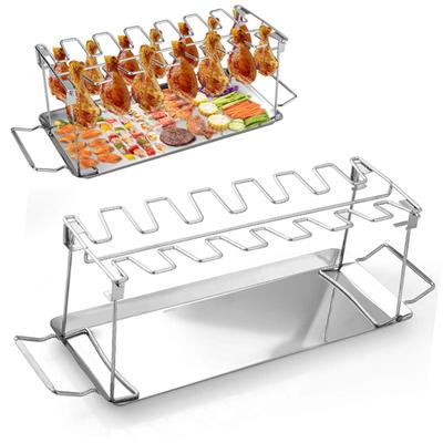 BBQ Chicken Wing Leg Grill Rack Even-Heat with Drip Pan Multipurpose Stainless Steel Roasting Holder Set