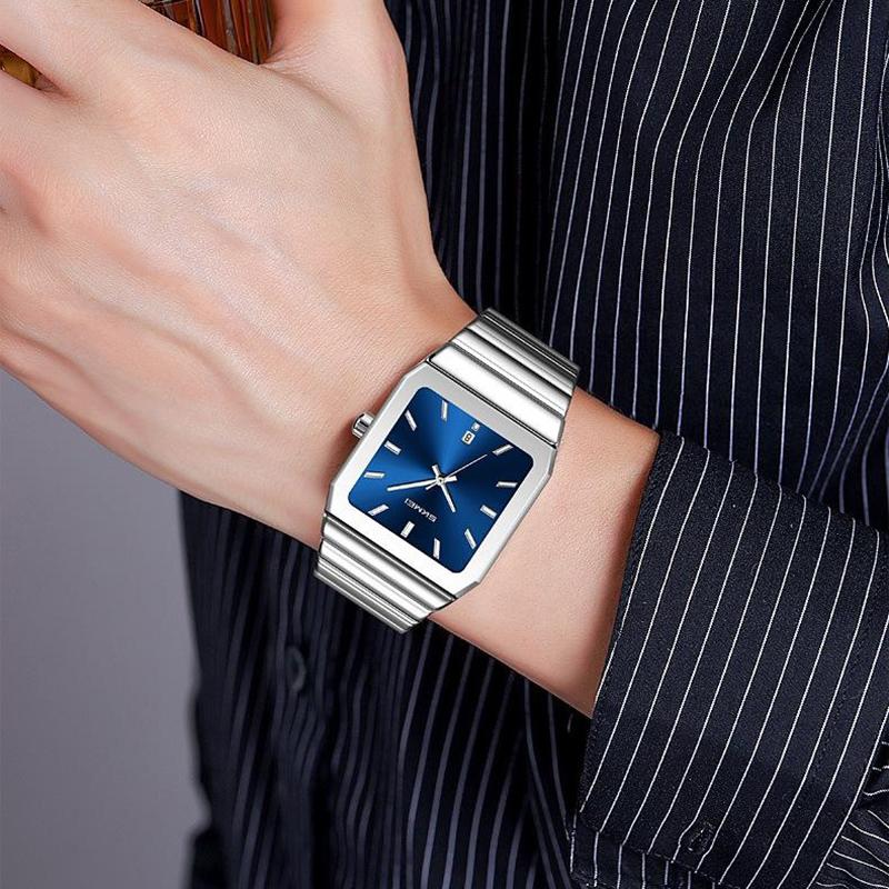 Mens Minimalist Square Analog Watch Luminous Date Waterproof Steel Strap Casual Business Quartz Wristwatch